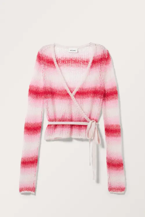 Monki Knitted Wrap Cardigan Pink With Red Faded Stripes, Cardigans I størrelse XS