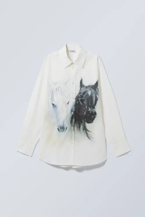 Weekday Oversized Printed Poplin Shirt White & Black Horses, Casual I størrelse XS