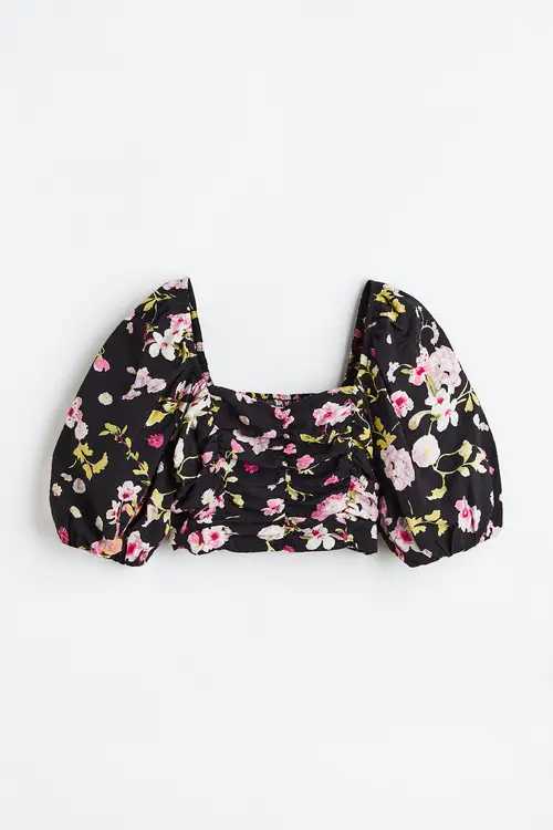 H&M Croptop Med Pufærmer Sort/blomstret, Bluser. Farve: Black/floral I størrelse XXL