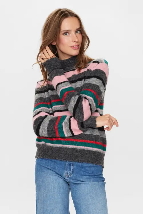 Nümph - NURIETTE STRIPE HIGHNECK PULLOVER - Peony - XS/S - Rød - Knit