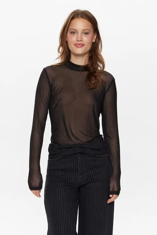 Nümph - NUSATTY MESH BLOUSE - Caviar - S - Sort - T-Shirts & Tops