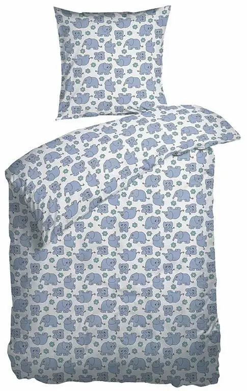 Blåt junior sengetøj 100x140 cm - Sengesæt lyseblå med elefanter - 100% bomulds percale - Night & Day