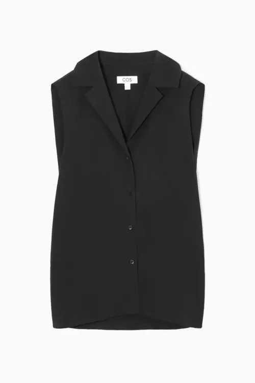 SLEEVELESS CAMP-COLLAR PURE SILK BLOUSE