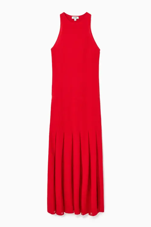 PLEATED RACER-NECK MAXI DRESS