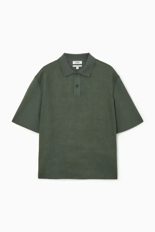 RELAXED CONTRAST-PANEL LINEN POLO SHIRT