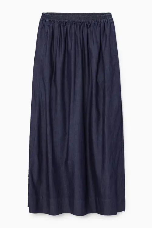 GATHERED DENIM MAXI SKIRT