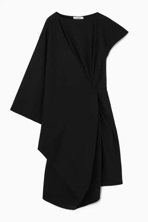 DRAPED ASYMMETRIC MIDI DRESS