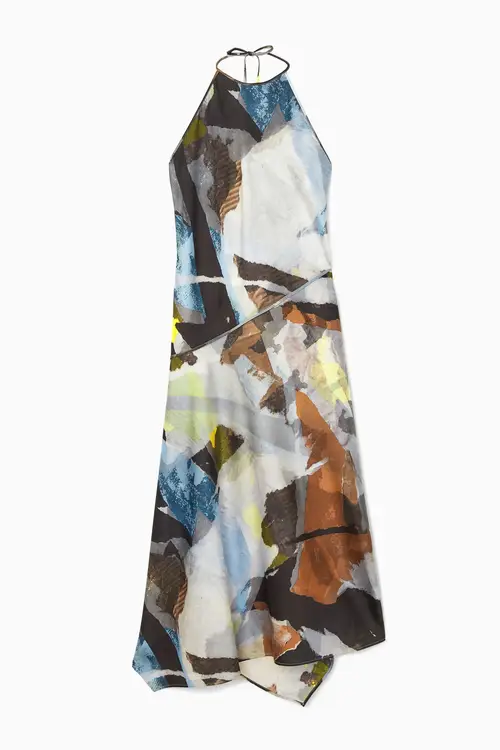 PRINTED ASYMMETRIC MIDI DRESS