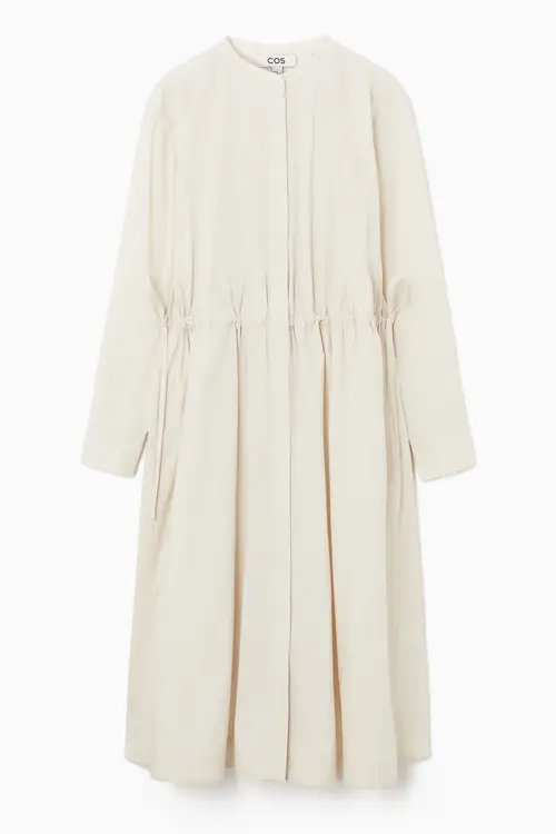 GATHERED PLEATED MIDI SHIRT DRESS