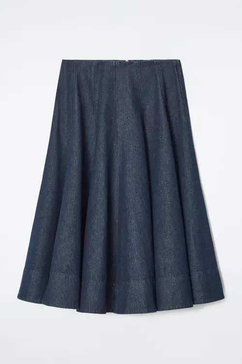 VOLUMINOUS PLEATED DENIM MIDI SKIRT