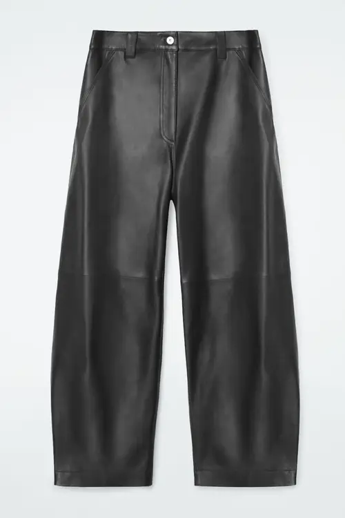 LEATHER BARREL-LEG UTILITY TROUSERS