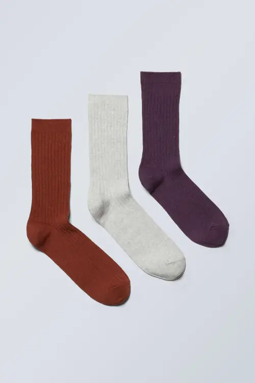 3-pack Rib Socks - Brown