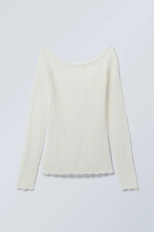 Knitted Off Shoulder Sweater - White