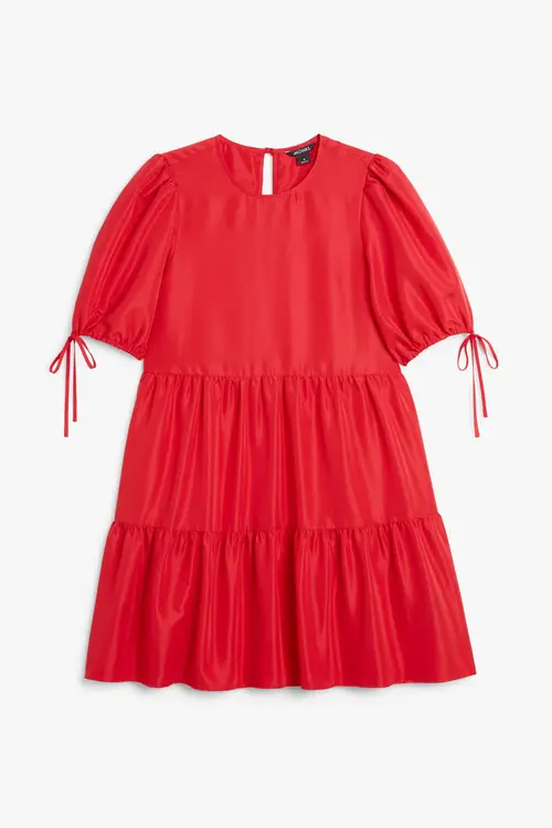 Frilled puff sleeve midi dress - Red