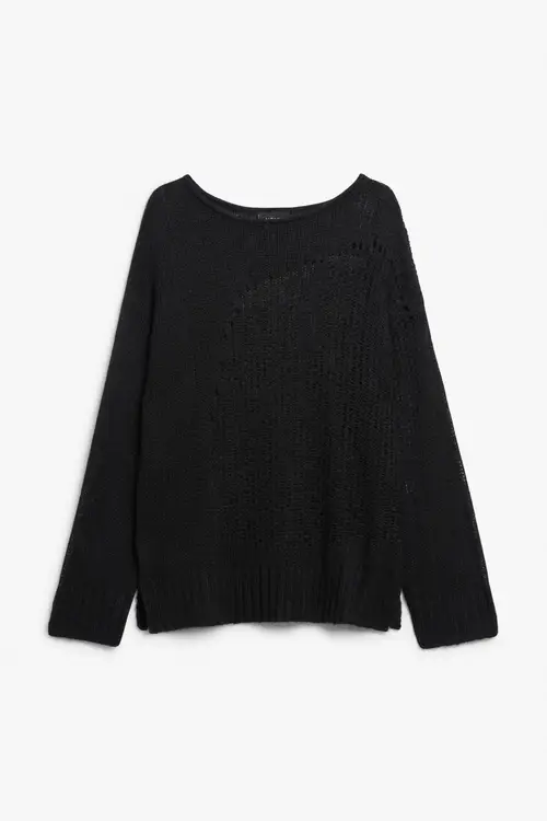 Open knit loose distressed sweater - Black