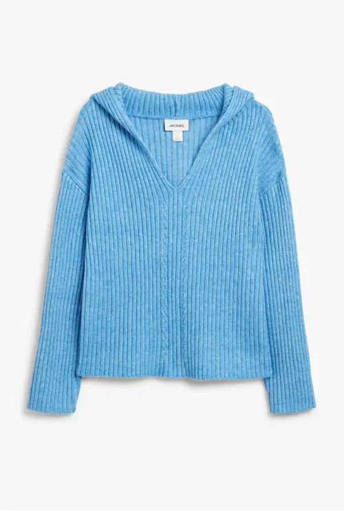 Rib knit wool blend hooded sweater - Blue