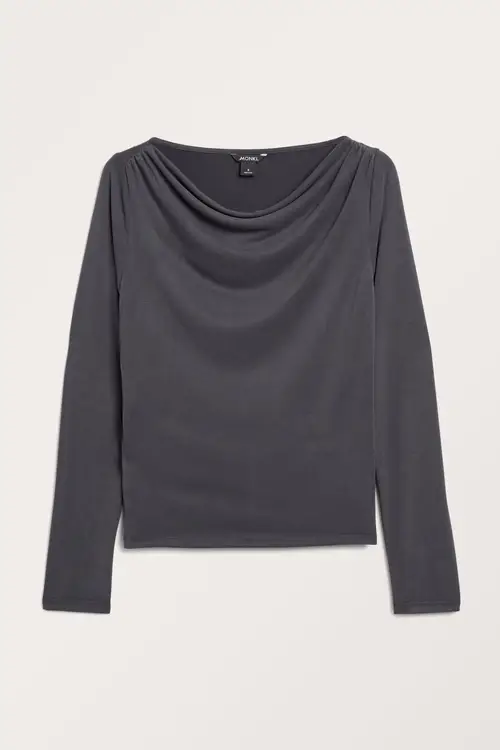 Long sleeved ruched boat neck top - Black