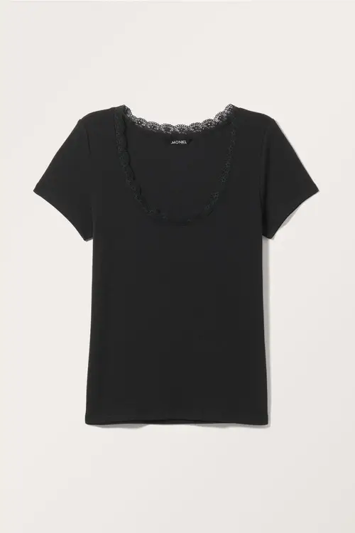 Fitted Short Sleeve Pointelle Top - Black