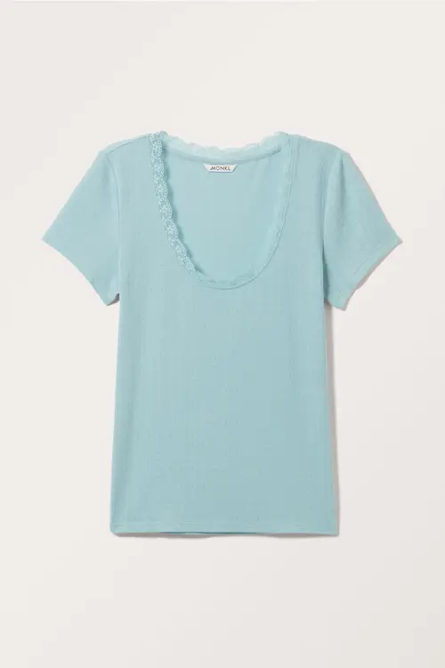 Fitted Short Sleeve Pointelle Top - Turquoise