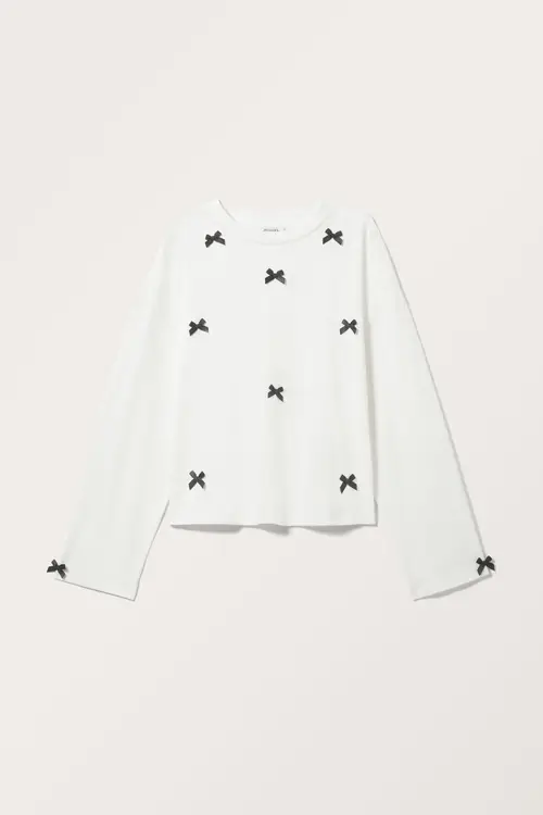 Loose Long Sleeve Bow Top - White