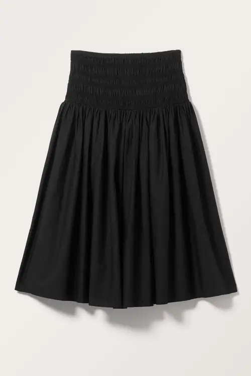 Smocked Midi Cotton Skirt - Black