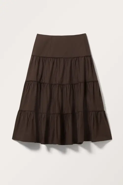 Tiered Midi Poplin Skirt - Brown