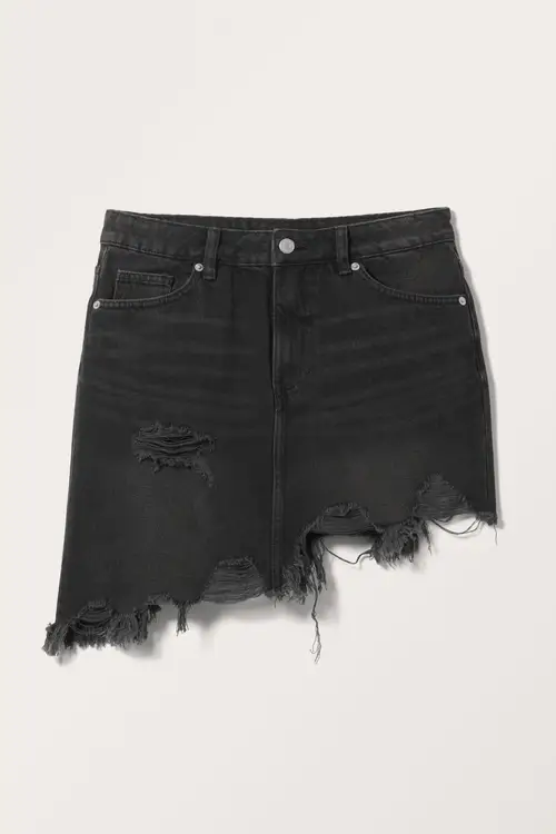 Frayed Asymmetric Mini Denim Skirt - Black