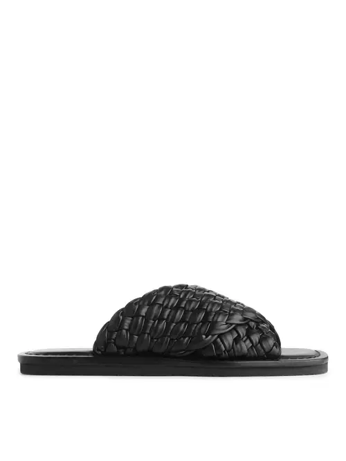 Woven Leather Slides - Black