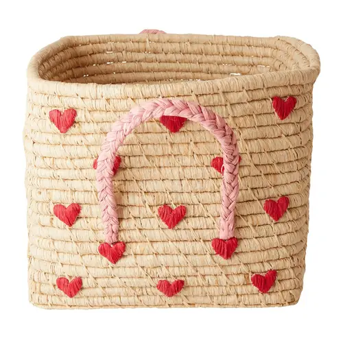 RICE Rice raffiakurv med hank 30x30 cm Red hearts