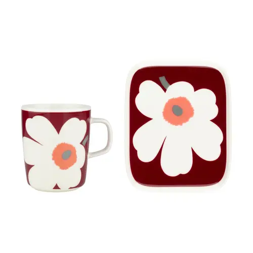 Marimekko Unikko 60-års jubilæumskrus 25 cl+tallerken 12x15 cm White-dark cherry-ash grey