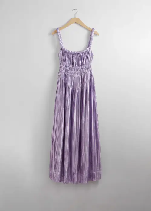 Shirred Satin Midi Dress - Purple