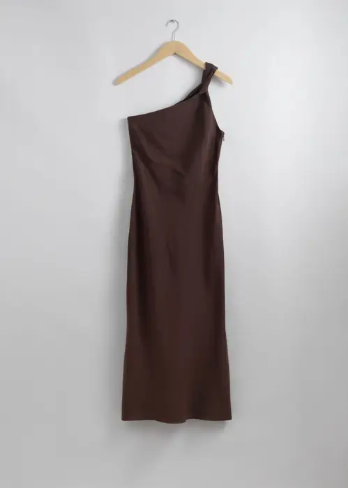 One-Shoulder Midi Dress - Brown