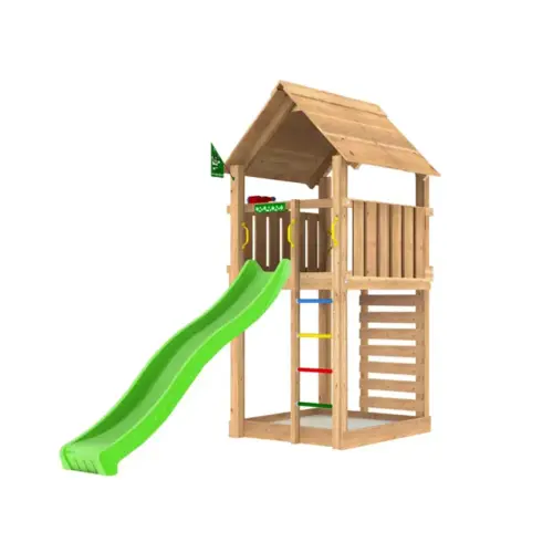 Legetårn komplet Jungle Gym Cabin 2.1 inkl. grøn rutsjebane