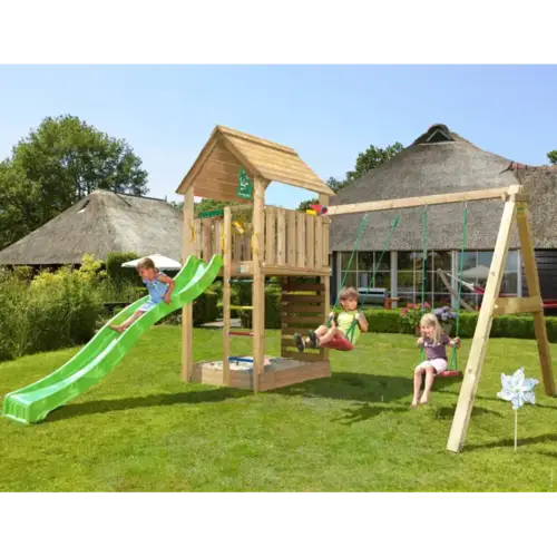 Legetårn komplet Jungle Gym Cabin 2.1 inkl. Swing modul og grøn rutsjebane