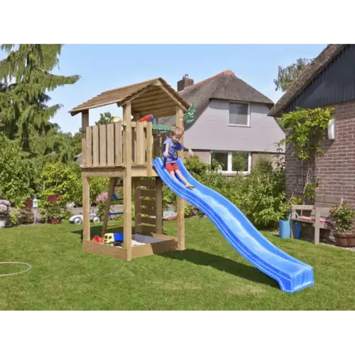 Legetårn komplet Jungle Gym Cottage 2.1 inkl. 120 kg sand og blå rutschebane