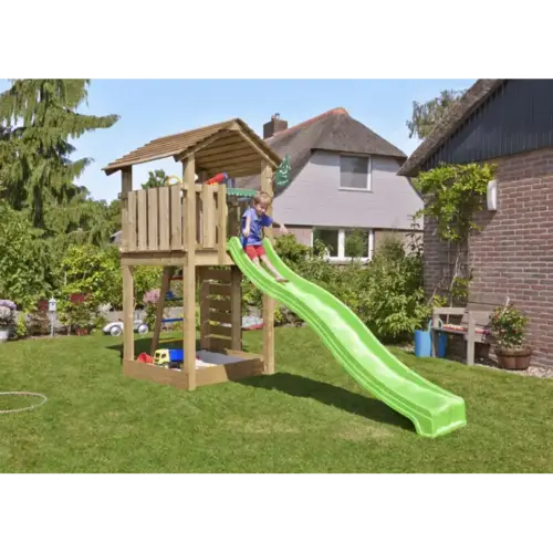 Legetårn komplet Jungle Gym Cottage 2.1 inkl. 120 kg sand og grøn rutschebane