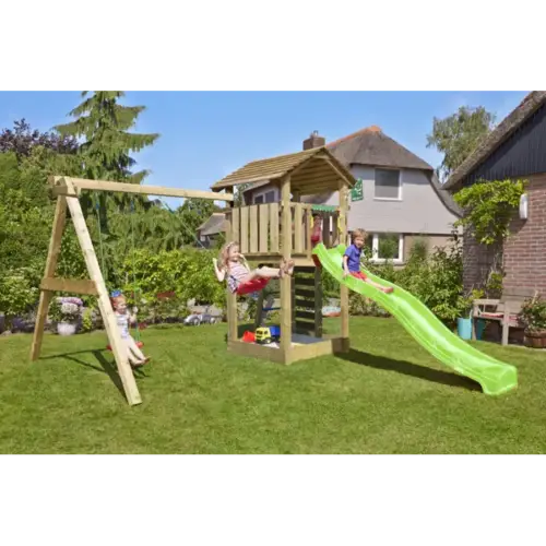 Legetårn komplet Jungle Gym Cottage 2.1 inkl. Swing modul 120 kg sand og grøn rutschebane