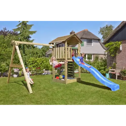 Legetårn komplet Jungle Gym Cottage 2.1 inkl. Swing modul 120 kg sand og blå rutschebane