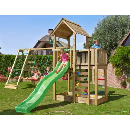 Legetårn komplet Jungle Gym Mansion 2.1 inkl. Climb modul, 120 kg sand og grøn rutsjebane