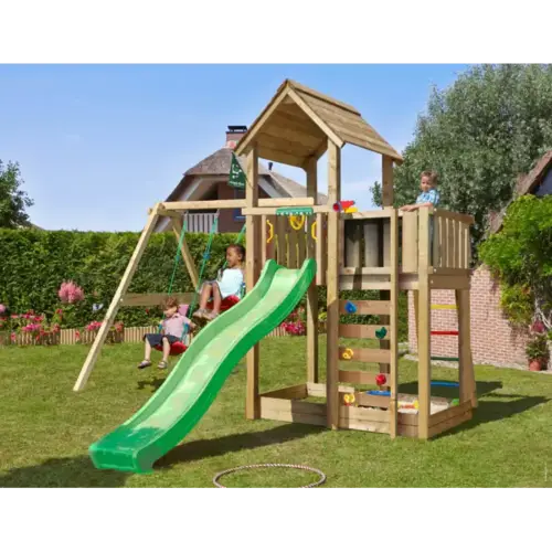 Legetårn komplet Jungle Gym Mansion 2.1 inkl. Swing modul, 120 kg sand og grøn rutsjebane