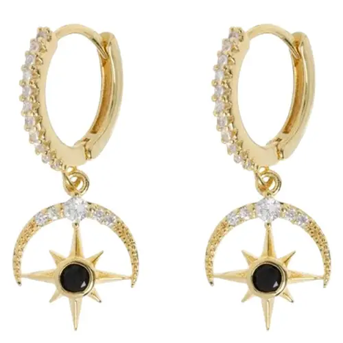 Timi Of Sweden Elvira Moon and Star Crystal Hoop Earrings Gold