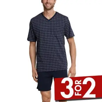 Schiesser Day and Night Short Check Pyjama 3XL-6XL Mørkblå bomuld 3XL Herre