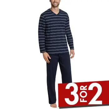 Schiesser Day and Night Long Stripe Pyjama 3XL-5XL Mørkblå bomuld 3XL Herre