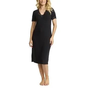 Damella Bamboo Plain Lace Short Sleeve Nightdress Sort Bambus Small Dame