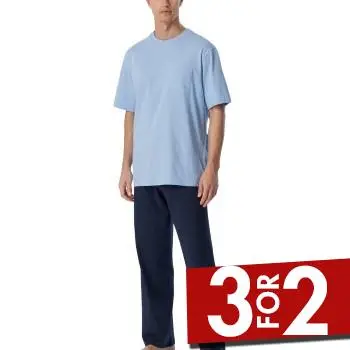 Schiesser Long Pyjamas With Short Sleeve Marine/Blå bomuld 56 Herre