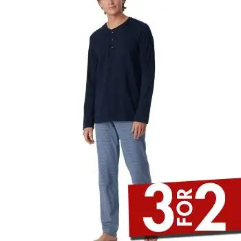 Schiesser Long Fine Interlock Collar Pyjamas Marine/Blå bomuld 50 Herre