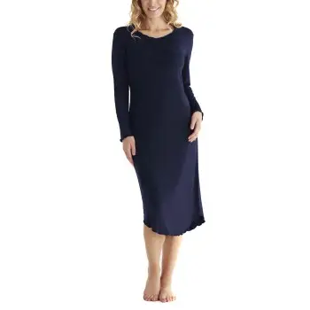 Damella Bamboo Plain Long Sleeve Nightdress Marineblå Bambus Small Dame