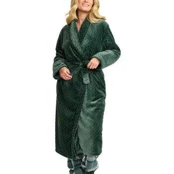 Damella Jaquard Fleece Dressing Gown Grøn polyester Small Dame