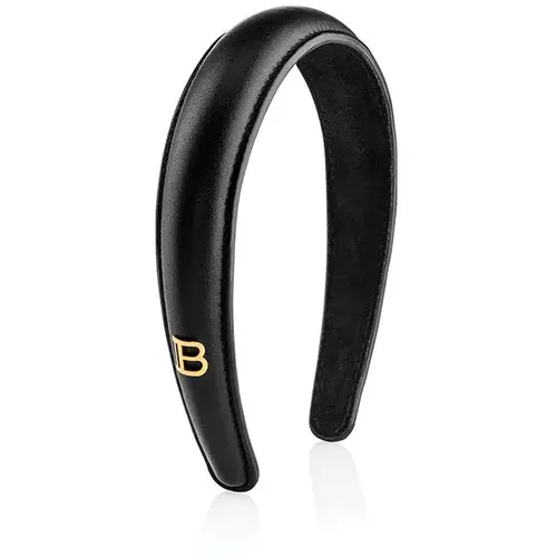 Balmain Black Leather Puffed Headband With Gold Plated Logo