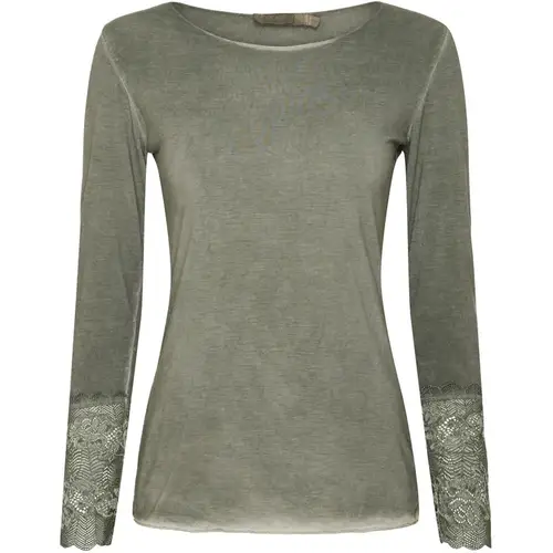 Bluse BASIS med blondedetaljer - Military  - Str. S/M